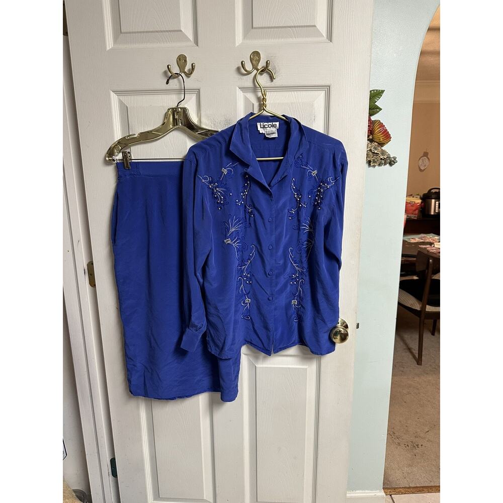 Embroidered Silk Blue Skirt Suit Top Studded Jeweled 90s Licole Med 8 Western
